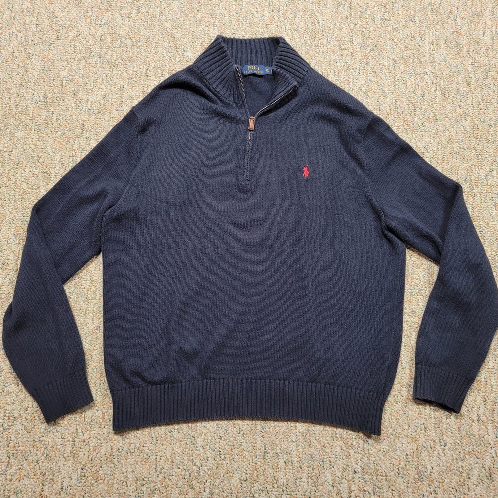Polo Ralph Lauren Quarter Zip Sweater Mens XL Navy Blue Cotton Red Pony Logo